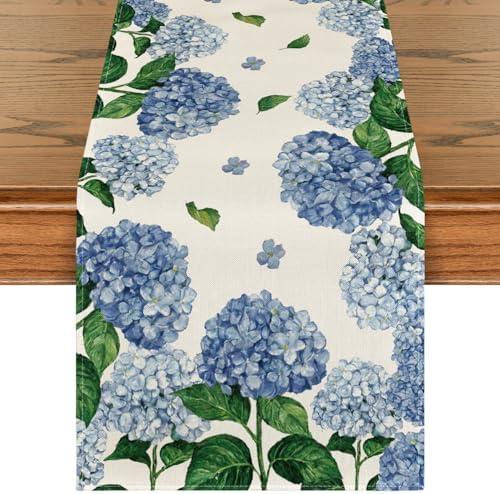 Artoid Mode Watercolor Hydrangea Table Runner, Spring Summer Seasonal Kitchen Dining Table Decoration for Indoor Outdoor Home Party Decor 13 x 36 Inch