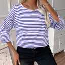 LilyCoco 3/4 Length Sleeve Womens Tops Boat Neck Striped Shirt Long Cotton Tshirts Blue Small (Blue, S)