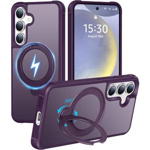 HuwaiH 360 Rotatable Magnetic Ring Stand for Samsung Galaxy S24 Plus/S25 Plus Case, Compatible with MagSafe, Military-Grade Shockproof, Anti-Scratch Matte Translucent Phone Case(Purple)