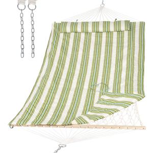 SUNCREAT Portable 2 Person Hammock with Hardwood Spreader Bar, Cotton Rope Outdoor Hammock with Polyester Pad, Green&Beige