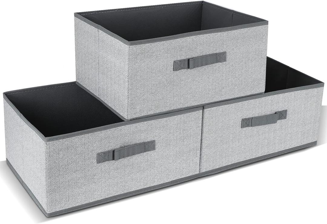 DAYARD Fabric Bins [3-Pack], Foldable Cube Baskets Storage Boxes for Shelves, Closet, Bookshelf, Nursery Organizer Containers, 16 x 11 x 8 inch Grey