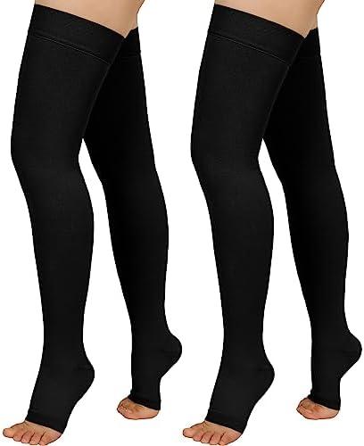 Totexil 2 Pairs Compression Stockings for Women & Men, 20-30mmHg Thigh High Compression Socks, Open Toe Medical Compression Socks with Silicone Dot Band-Best Support for Nursing Sports Varicose Veins M
