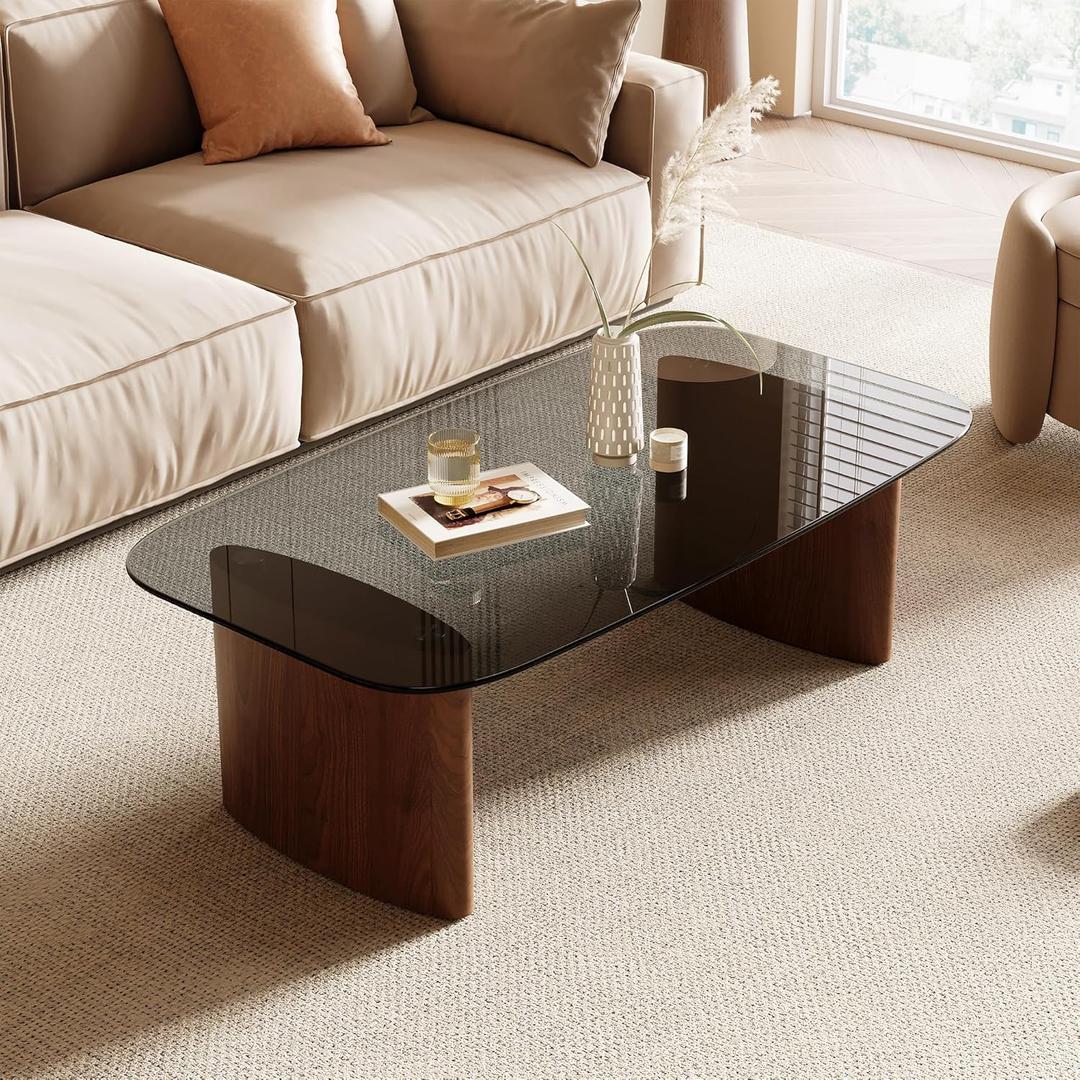 Modern Glass Coffee Table, Coffee Table for Living Room, Tempered Glass-top with Sturdy Wooden Base, Modern Coffee Tables for Small Space, Apartment, Office, Minimalist Design (Walnut)
