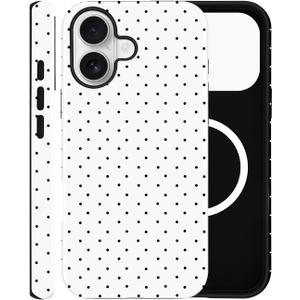 Magnetic Case for iPhone 16, Compatible with MagSafe, Aesthetic Polka Dot Cute Design for Women, Hybrid 2-Layer Hard Shell Phone Cover, White