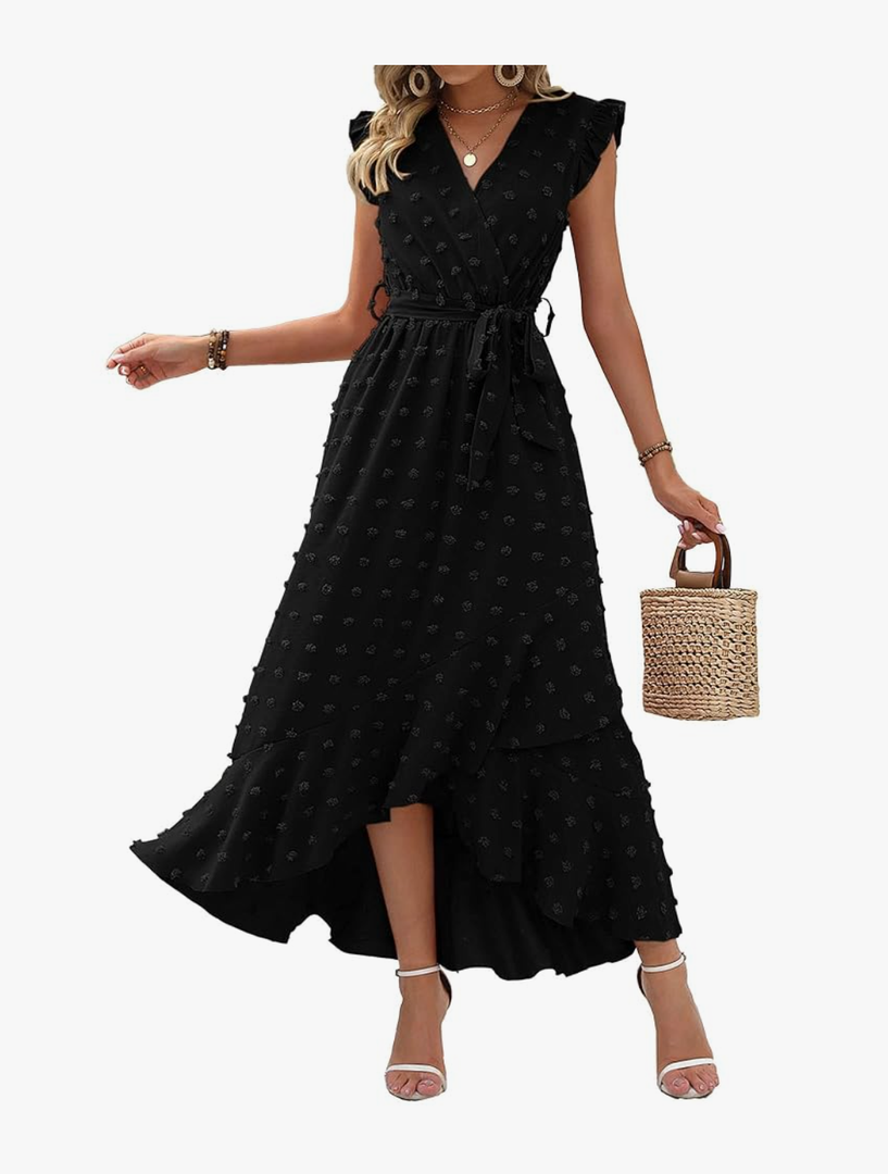 BTFBM Women V Neck Summer Dress 2025 Cap Sleeve Swiss Dot Boho Flowy Ruffle Slit Beach Party Long Maxi Cocktail Dresses L