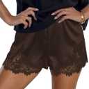 Women Satin Silk Lace Shorts Sexy Skinny Slip Mini Summer Shorts (Brown, M)