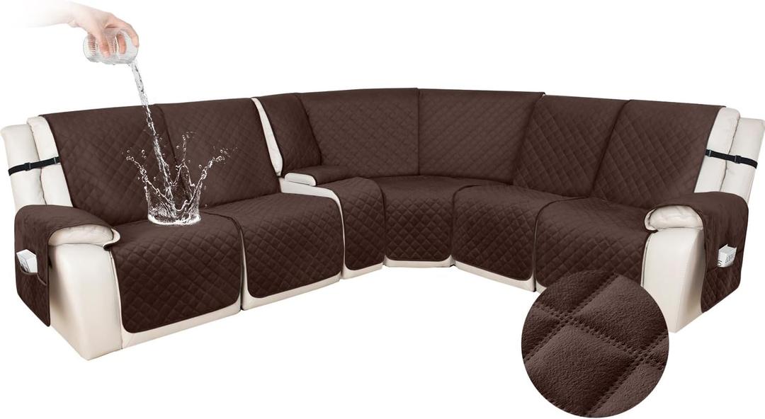 HDCAXKJ 100% Waterproof Velvet Recliner Sectional Couch Covers L Shaped Corner Reclining Sofa Cover Washable Thick Non Slip Sectional Slipcover with Pockets (5 Seat and 1 Middle Console, Dark Brown)