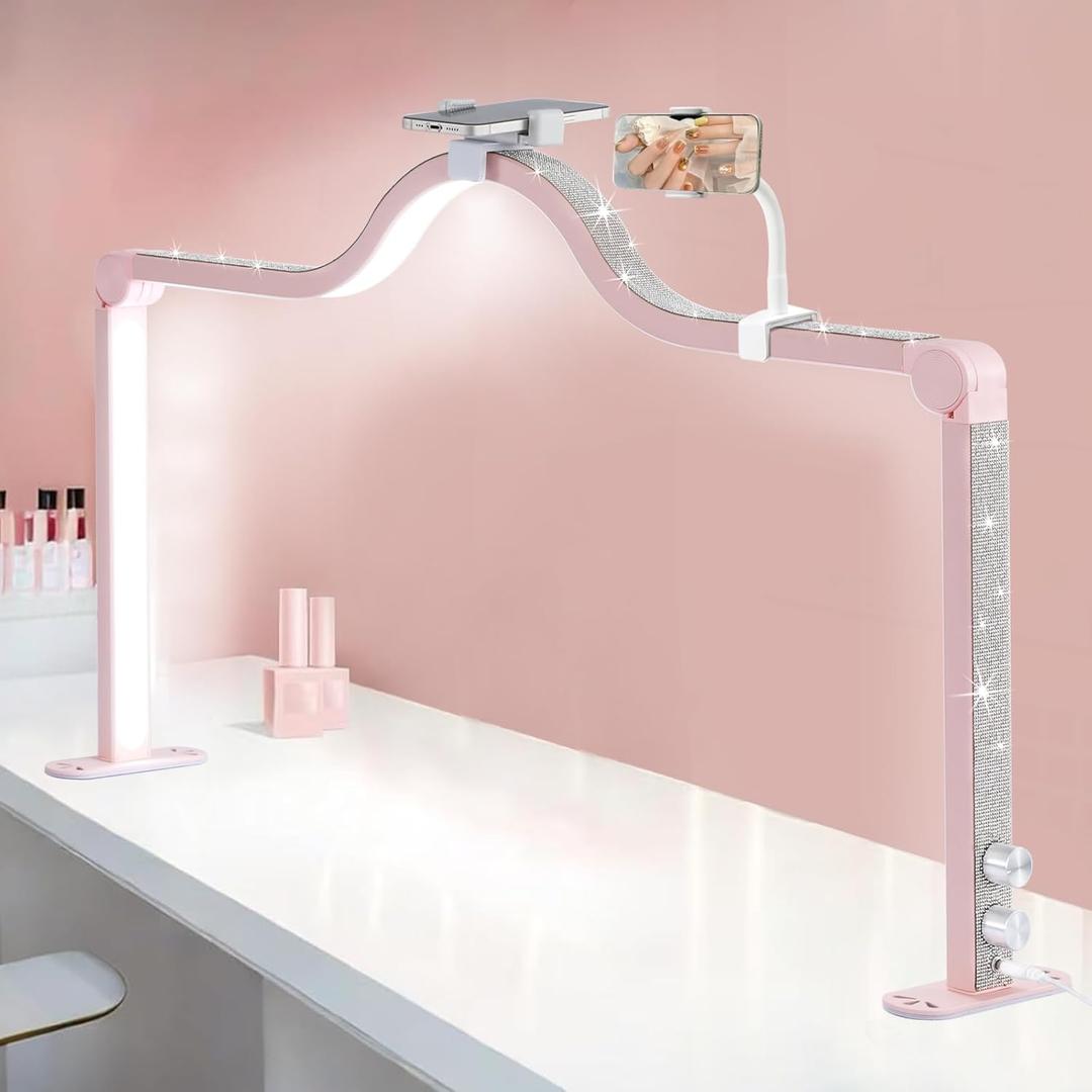 Upgraded Nail Tech Lamp with Dual Phone Holder, 34 in Foldable Large Nail Light for Desk, 3 Modes 3000K-6000K LED Manicure Lamp, Half Moon Light for Lash Eyelash Extension, Tattoo, Eyebrows (Pink)