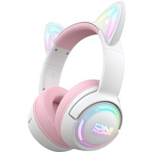 Wireless Cat Ear Gaming Headset with RGB Lights – Tri-Mode (2.4G Wireless/Bluetooth/Wired) Over-Ear Headphones with Mic, 50mm Drivers, Low Latency, Long Battery, Type-C Fast Charging (Pink)