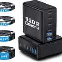 2 Pack USB C Charger Block with 4 USB Cables 120W GaN Type C Charger Fast Charging Block 6 Port Foldable for iPhone 17/16 Series, Pixel, iPad, Samsung Galaxy Series (Black)