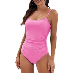 Eomenie Women's One Piece Swimsuits Tummy Control Ruched Bathing Suit 1 Piece Swimwear (Pink, M)