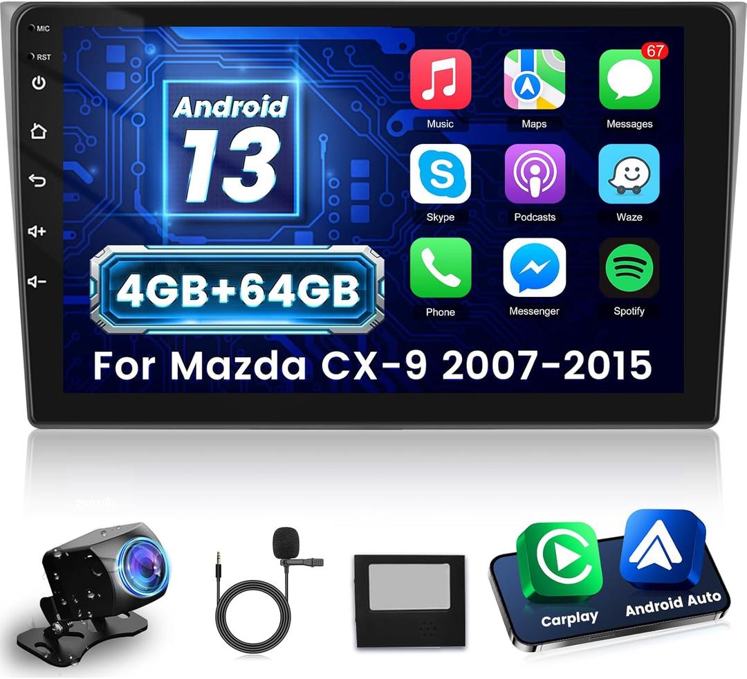 NHOPEEW [4+64G] for Mazda CX-9 2007-2015 Android Car Radio with Wireless Carplay and Android Auto - 10.1 Inch Touch Screen Car Stereo - 32EQ Audio/WiFi/GPS Navigation/SWC + AHD Backup Camera