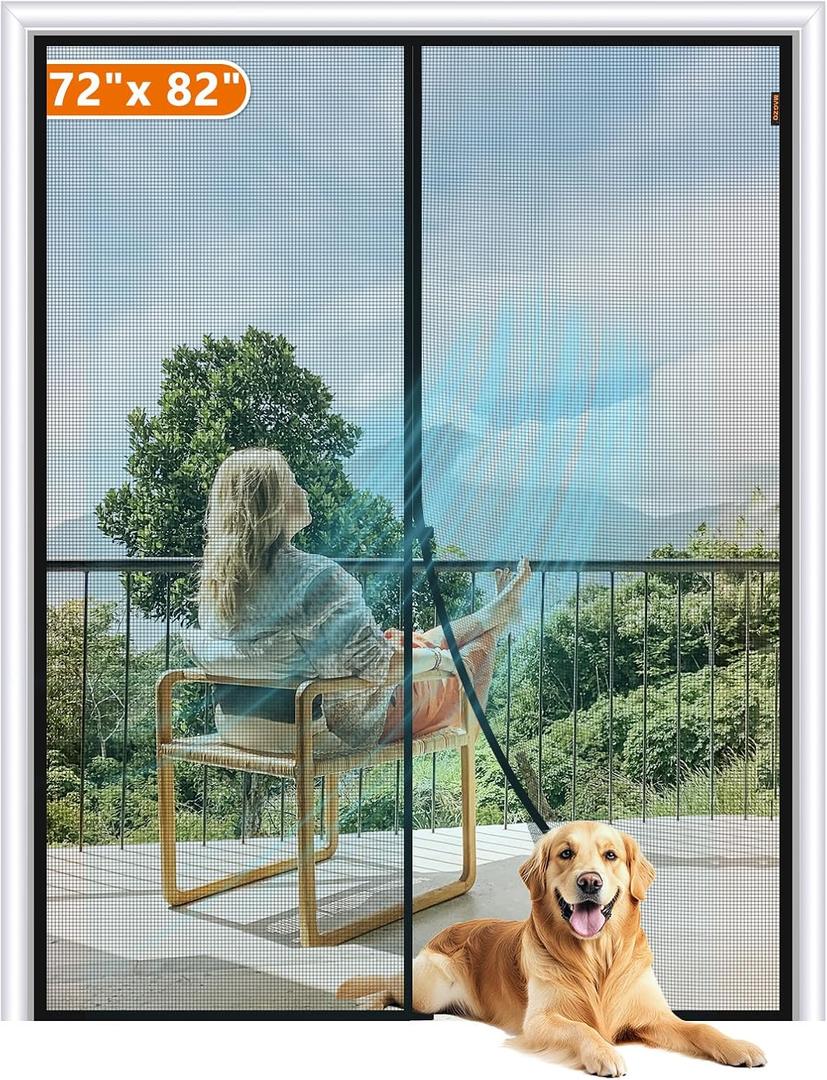 MAGZO Magnetic Screen Door Fit Door Size 72 x 82 Inch, Screen Size 74" x 83" Strong Magnet French Style Mesh, Heavy Duty Fiberglass Mesh with Hook & Loop for Sliding Entrance, Gray