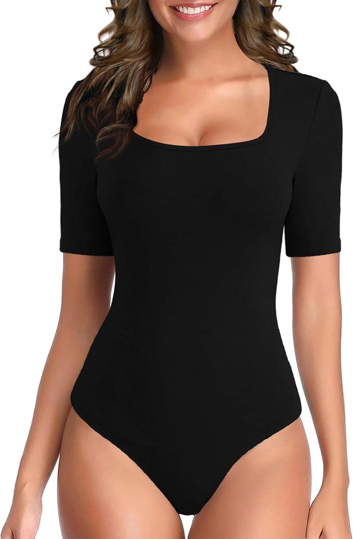 TQD Women's Square Neck Bodysuit Short Sleeve Bodysuit for Women Elbow Sleeve Tshirt Body Suit Top (Medium)