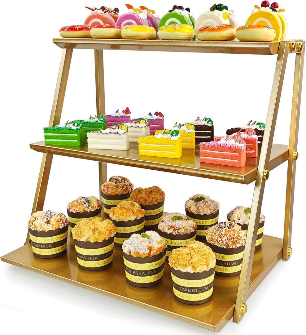 CozyNova Golden 3-Tier Cupcake Stand & Cookie Tray Rack  Elegant Tea Party Dessert Display, Decorative Snack Holder for Parties & Gatherings (GOLD)