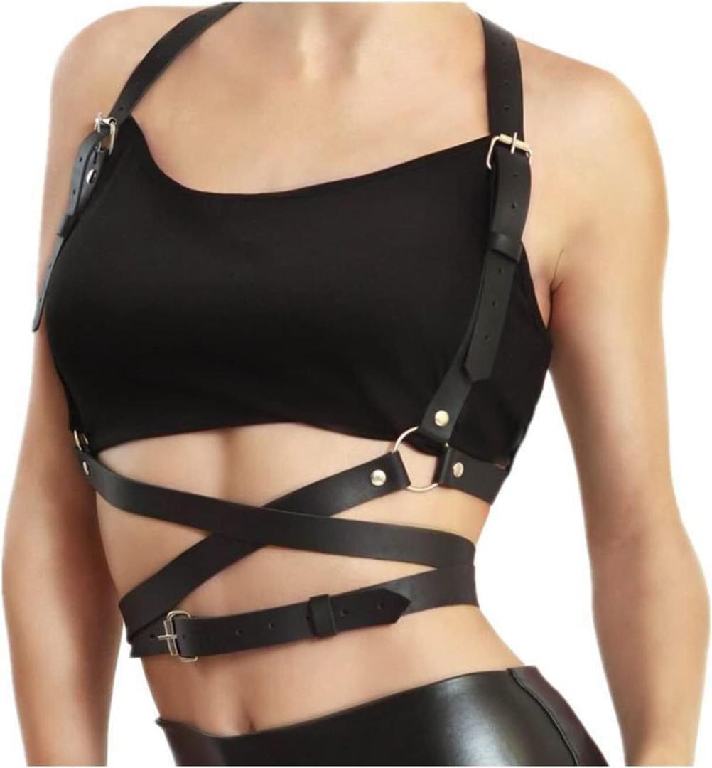Punk Waist Belt Fashion Strap Gothic Black Leather Waist Belts Leather Chest Harness Belt for Women Gothic Body Adjustable Waist Belts Rave Party Accessories