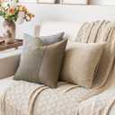 Set of 2 Fluffy Boucle Pillow Covers 18"x18", Moss Green Textured Throw Pillow Covers with Faux Leather Accents, Boho Decorative Pillow Cases for Couch, Bed, or Farmhouse Home Decor