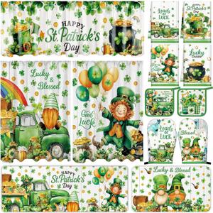 13 Pcs St. Patrick's Day Kitchen Decor Set 3 Shamrock Kitchen Curtains Valance 2 Irish Rugs and Mats 4 Hand Towels 2 Pot Holders 2 Oven Mitts for Home Decor Cooking Grilling Housewarming Gift