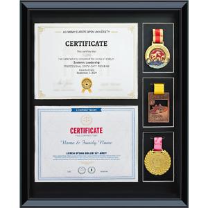 16.93X20.87 Solid Wood Double Diploma Display Frame,Graduate Certificate /Diploma Frame 8.5 x 11, 3 Medal Display Case,Real Glass,Tabletop and Wall Display,Can Hold 2pcs certificates and 3 pcs Medals