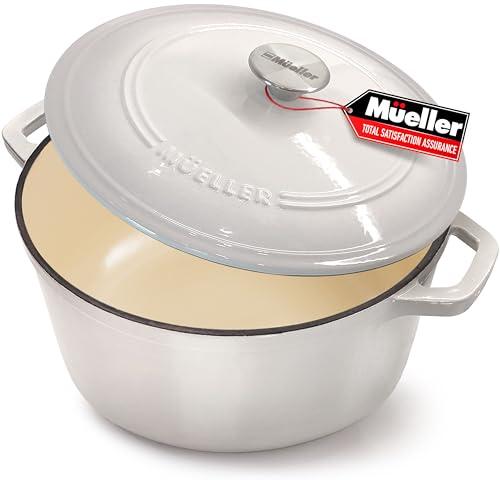 Mueller Cast Iron Dutch Oven Pot with Lid, 6 Quart Enameled, Dual Handles, Stainless Steel Knob, Stew & Induction Pot - For Braising, Roasting, Baking, Cast Iron Bread Pan with Lid, White