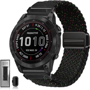 Quickfit 22mm 26mm Watch Band - Compatible with Garmin Fenix 8 47mm 51mm/Fenix 7/7X/6/6X/5/5X, Magnetic Clasp Braided Stretchy Nylon Sport Strap for Men and Women, Multiple Colors