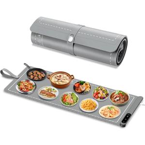 Food Warming Mat Extra Large, Electric Warming Tray with 6 Temperature Settings and Hours Timer, Full Surface Heating Food Warmer Mat, Silicone Heating Tray for Gatherings Parties, Grey