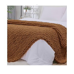 Bigacogo Chunky Knit Throw Blanket for Couch, 51x63 inches, 100% Hand Knitted with Thick Jumbo Chenille Yarn, Cozy Soft Large Rope Knot Cable Crochet Blankets for Sofa Bed Living Room, Caramel
