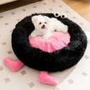 Calming Dog Cat Bed, Anti-Anxiety Donut Warming Cozy Soft Round Bed, Machine Washable, Fluffy Faux Fur Plush Cushion Bed for Small Medium Dogs and Cats 25.6 in
