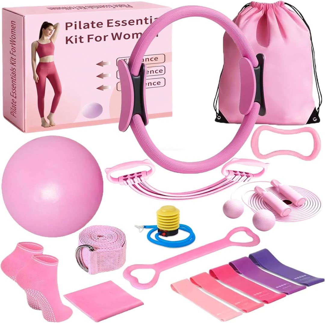 17 Pcs Pilates Equipment,Pilates Set,Women at Home Pilates kit,Pink Pilates Ring and Ball Set Pilates Socks, Jump Rope,5 Resistance Bands Compact Toning and Fitness Essentials Starter Set Accessories