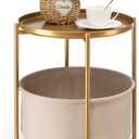 danpinera Round Side Table with Fabric Storage Basket, Metal Side Small Bedside Table Nightstand with Removable Tray Top for Living Room, Bedroom, Nursery, Bathroom, Gold