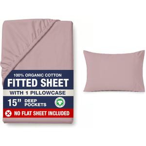 LANE LINEN Twin XL Fitted Sheet, 100% Organic Cotton 2-Piece Set (1 Fitted Sheet, 1 Pillowcase), Percale Weave, Bottom Sheet, Soft, Breathable, Fits Mattress Upto 15" Deep - Lilac (No Flat Sheet)