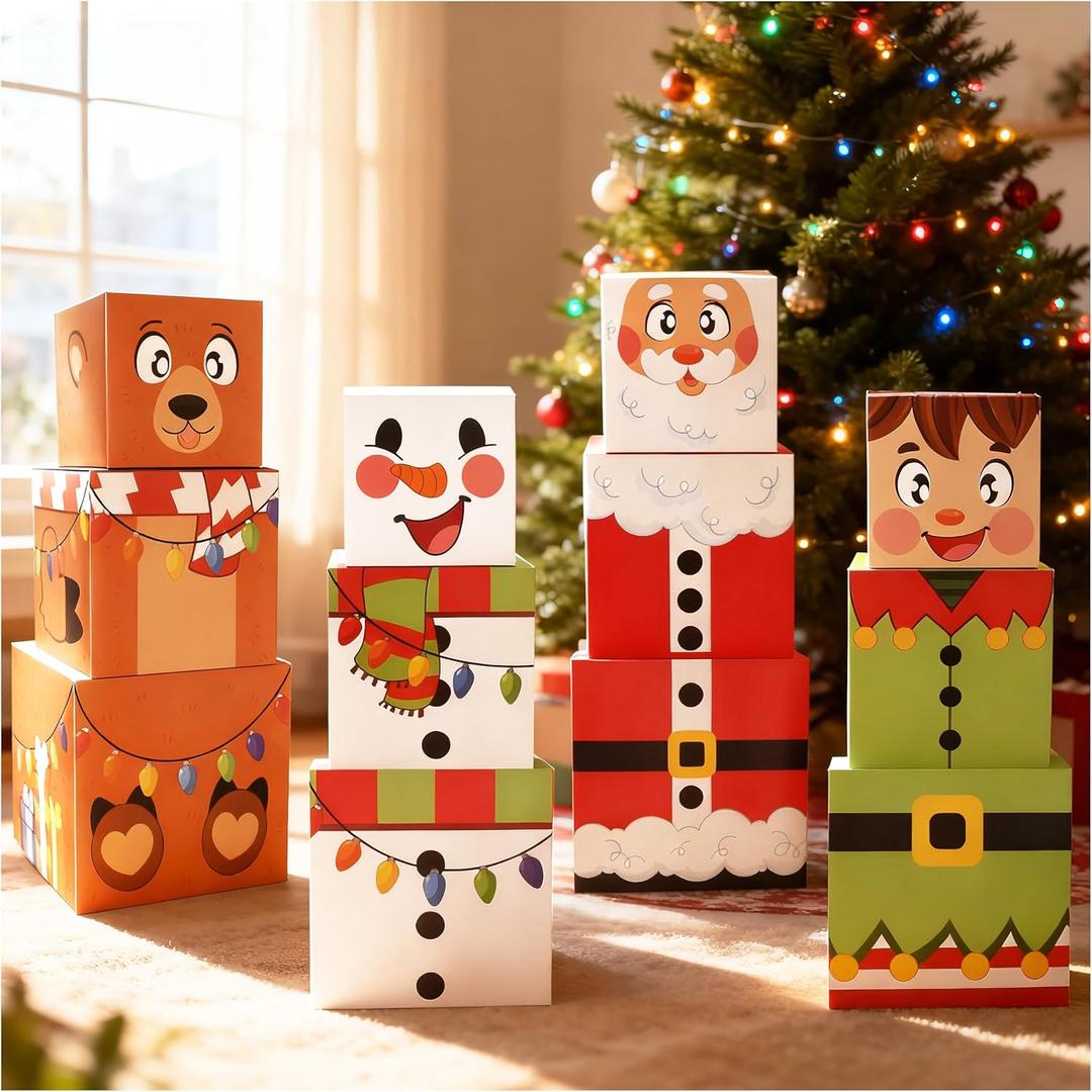 JOYIN 12 PCS Christmas Stackable Gift Boxes with Lids for Present, 4 Design Xmas Nesting Box, Cute Decorative Stacking Boxes for Gift Wrap Party Decor (1 Stanta,1 Snowman, 1 Bear, 1 Xmas Charcter)