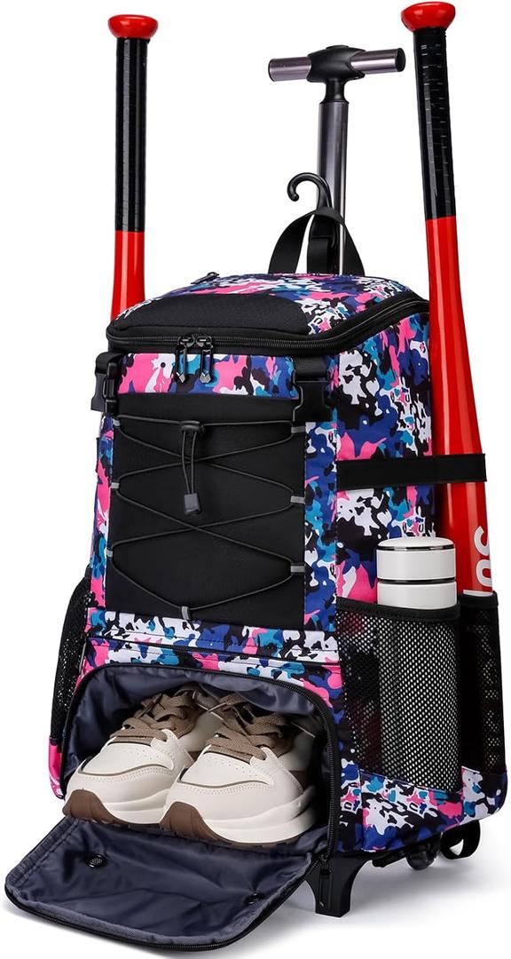 Softball Bag, Baseball Rolling Bat Bag - Wheeled for Youth Girls Adult, Lightweight Equipment Backpack With Shoe Compartment, Fence Hook for TBall, Helmet (Pink Camouflage) Softball Bag, Baseball Rolling Bat Bag - Wheeled for Youth Girls Adult, Lightweight Equipment Backpack With Shoe Compartment, Fence Hook for TBall, Helmet (Pink Camouflage)