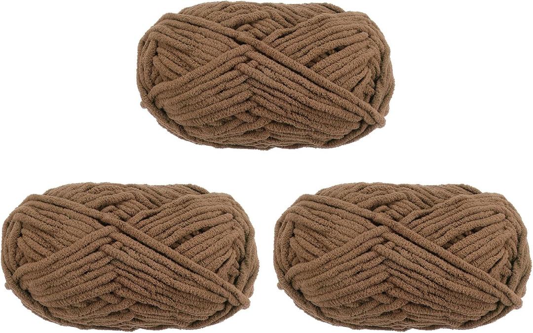 HARFINGTON 3Skeins Chenille Yarn Blanket Yarn 3x100g/10.5oz Gauge 5# Bulky Polyester Soft Knitting for Crochet Weaving Bag Scarf Hat, Coffee, 3x68m(223yds)