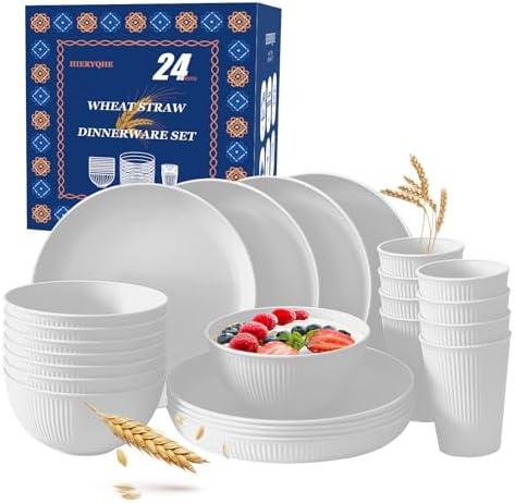 24pcs Wheat Straw Dinnerware Sets For 8, Unbreakable Plates and Bowls Wheat Straw Dinnerware Microwavable Cups Plates and Bowls Sets Shatterproof For Outdoor Kitchen Camping