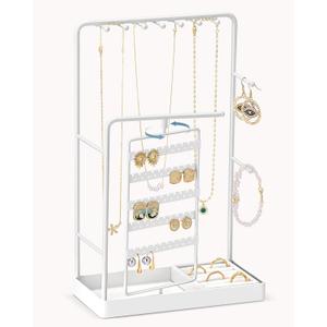 Lolalet Jewelry Organizer Stand, No Assembly Needed Display Storage with Rotating Earring Holder and Velvet Ring Tray for Necklace Bracelet Studs,Christmas Gifts Room Dorm Decor for Teen Girls -White