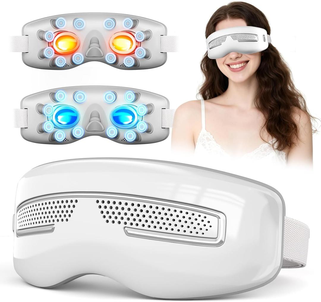 Eye Massager with Heat and Cooling, Integrated Smart Mask with Nose Rest and Soft Silicone Massage head, 4 Massage Modes for Migraines, Dry Eye, Dark Circles, Bluetooth Music, Gift for Women (White)