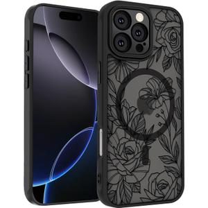 for iPhone 16 Pro Max Case, Black Floral Flower Pattern Print Magnetic Case [Compatible with MagSafe] [Translucent Matte] Slim Shockproof Protective Women Girls Phone Case 6.9", Floral Flower