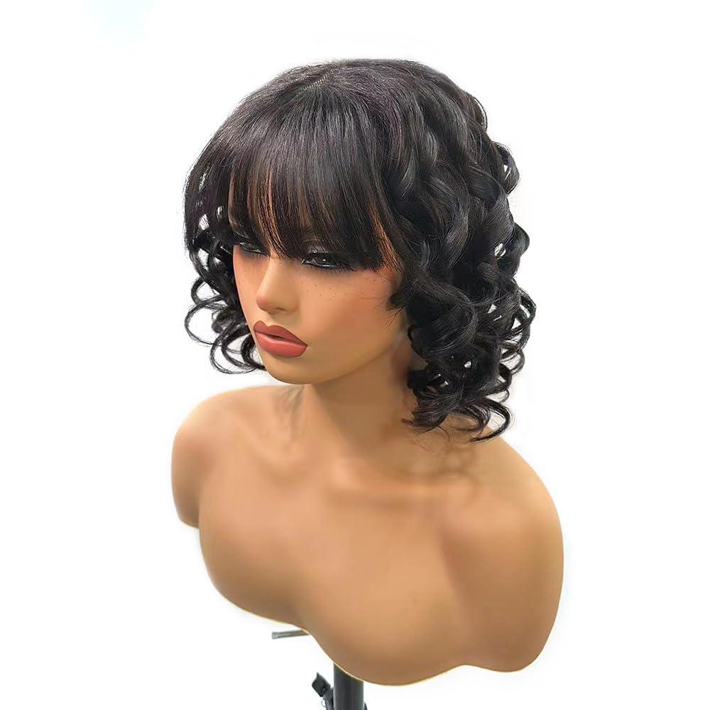 Natural Wavy Human Hair Wigs with Bangs Black Loose Wave Wigs for Women None Lace Front Wigs Loose Body Bob Wig Brazilian Virgin Human Hair Glue less Loose Curly Wig for Daily (14 Inch)