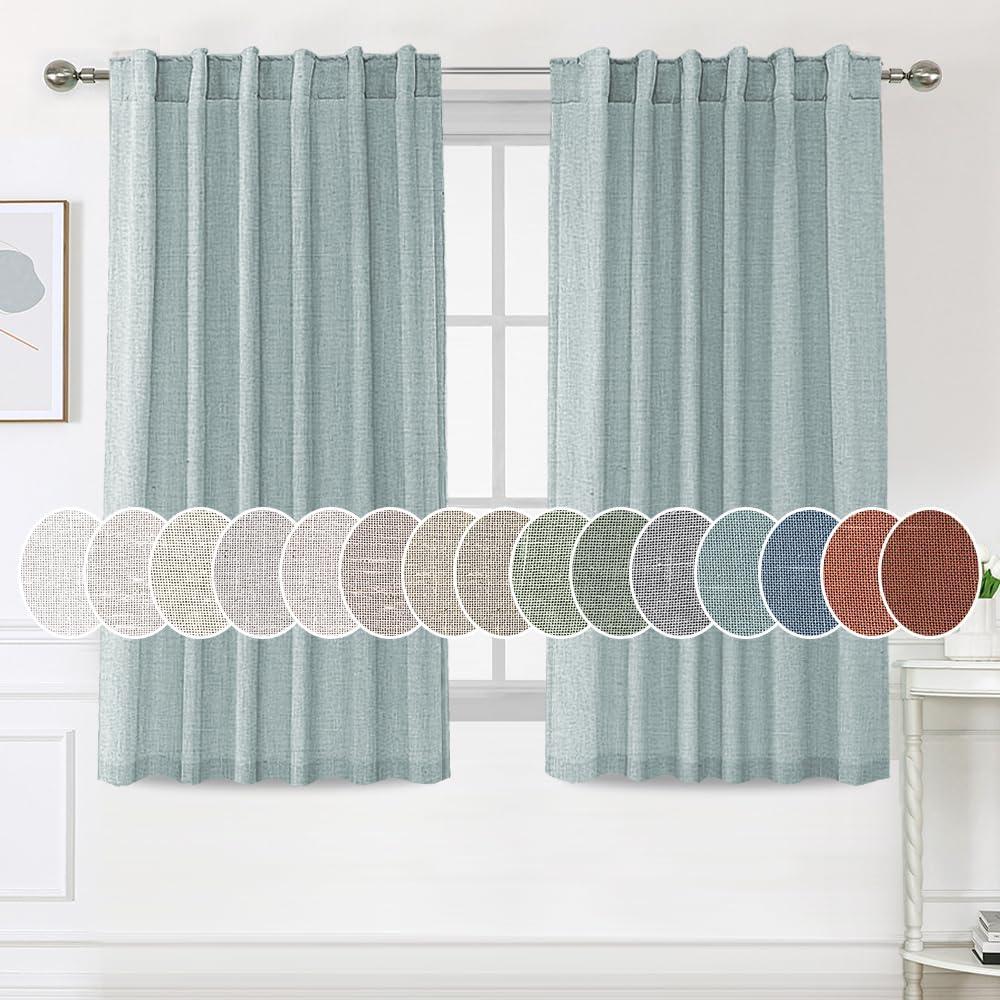 H.VERSAILTEX Natural Linen Curtains 63 inches Long for Living Room 2 Panels Back Tab Loop Pocket Textured Light Filtering Semi Sheer Curtains Rustic Farmhouse Boho Curtain for Bedroom, Cloud Blue