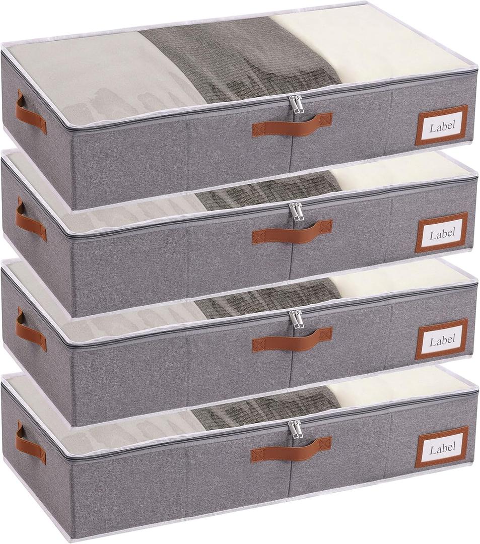 Yawinhe Under Bed Storage, 4 Pack Closet Organizers, Collapsible Container Bags, with Sorting Card Slot and 4 Leather Handles, for Blanket, Bedding, 23.6''Lx11.8''Wx6''H, Grey