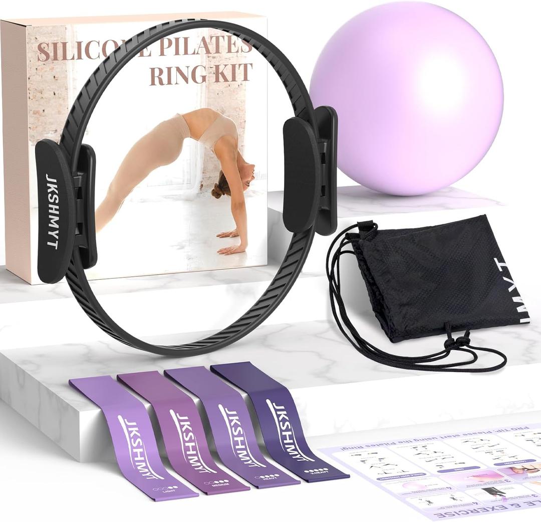 Pilates Ring Kit for Women, Pilates Equipment  14.5" Home Magic Circle Workout with Pilates Ball, Resistance Bands, Better me Pilates Essentials Starter Set for Beginners Toning Shape Full Body (10pcs-black)