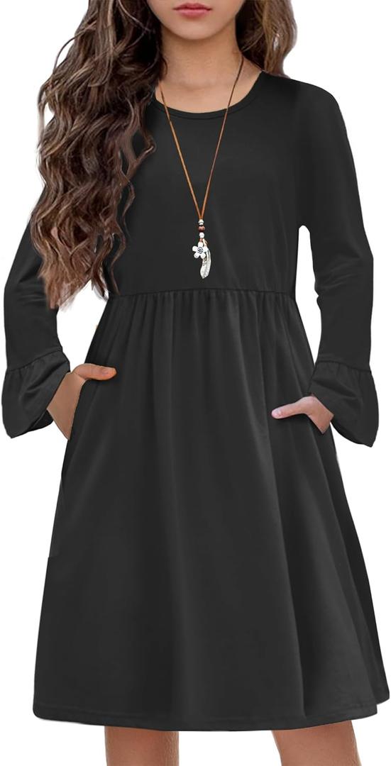 Arshiner Girls Long Sleeve Floral Pleated Swing Dress Kids Casual Dresses with Pockets for 4-13 Years