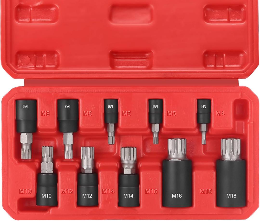 10-Piece XZN Triple Square Spline Bit Socket Set, 1/4, 3/8 and 1/2 Drive M4 - M18 Triple Square Socket Set, S2 Steel Bits and CR-V Sockets With Storage Case