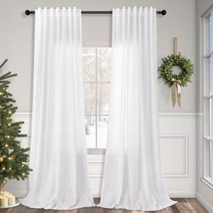 Solid White Curtains 96 Inches Long for Living Room 2 Panel Set Back Tab Pocket Opaque Draperies Semi Sheer Linen Light Filtering Curtain for Bedroom Floor Length Crisp Vintage Beach Country Chic 8 FT