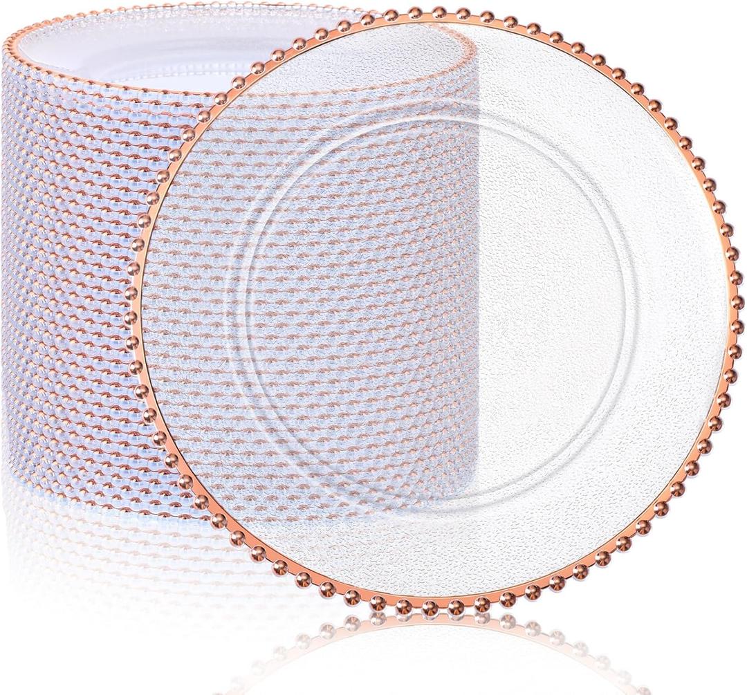 Hoolerry 50 Pack Clear Charger Plates Bulk 13 Inch Plastic Round Beaded Dinner Chargers Acrylic Frosted Grain Decorative Service Plates for Wedding Party Event, Home and Kitchen Tabletop (Rose Gold)