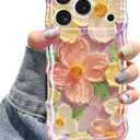Jusy Case for iPhone 17 Pro, Colorful Retro Oil Painting Printed Flower Laser Blue Glossy Pattern Cute Curly Wave Phone Case Soft TPU Cover for Girly Women -Pink (Pink Without Bracelet)