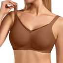 VQJ Women's Full Coverage Jelly Comfort Support Wireless Bra with Breathable V-Mesh, No Underwire Push Up Bralette, Seamless Everyday T-Shirt Bra (Cafe-3XL)