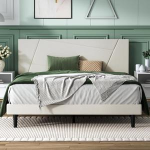 Queen Size Bed Frame, Queen Platform Bed Frame with Velvet Upholstered Headboard, Geometric Pattern, Sturdy Frame and Slats, Noiseless, No Springs Required, Easy to AssembleBeige