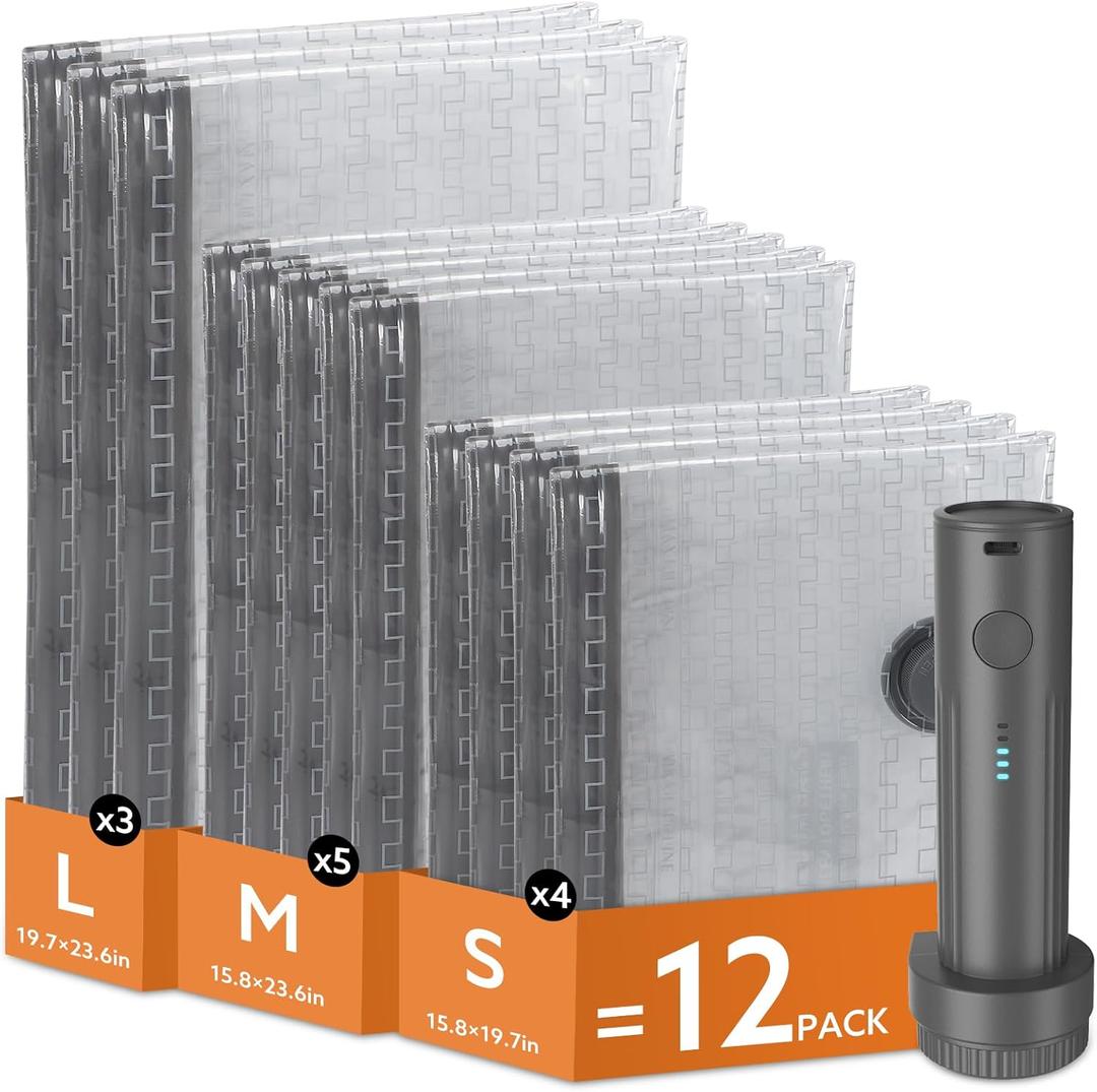 Travel Vacuum Bags with Wireless Charging Air Pump, 12 Pack Vacuum Seal Bags with 3 Sizes for Clothing Travel, Space Saver for Luggage, Business Trip, Home Storage,